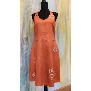 COSTUME Orange LINEN COTTON SUN DRESS Halter Flare Embroidered retro‎ MEDIUM